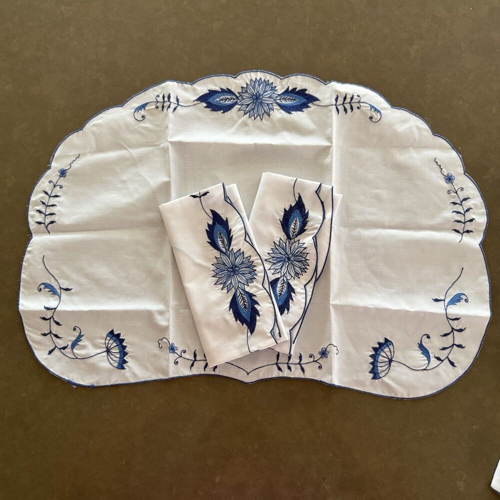 Three (3) Embroidered Placemats ~ Pure White w/Blue Floral “Vieux Luxembourg”